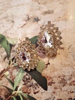 Gold Crystal Teardrop Statement Earrings - Clear